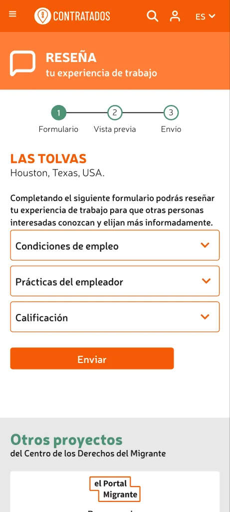 Contratados: formulario para dejar una reseña